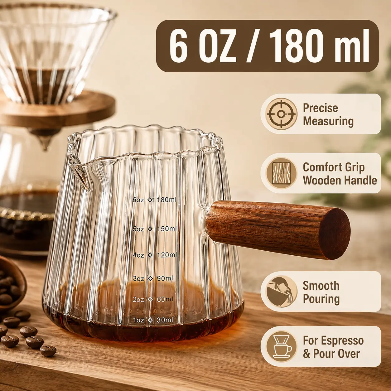 6 oz Glass Measuring Cups with Spout,Borosilicate Glass Triple Pitcher with Scale,Origami Style Espresso Shot Glasses with Wood Handle for Coffee Milk,Dishwasher Safe