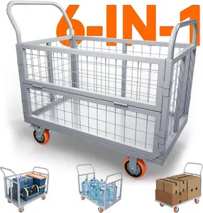 2000lbs Platform Truck Cart with Cage, 6-in-1 Foldable Heavy Duty Hand Truck Flatbed Cart with 6" Swivel Casters, Multi-Functional Push Dolly for Grocery, Laundry, Warehouse, Storage