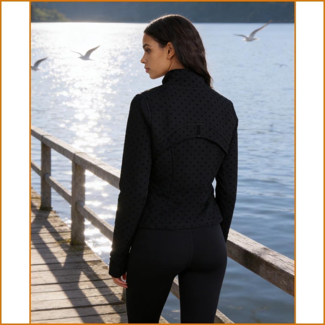 ROROLEMON Women's Yoga Outfit – Black Polka Dot Long Sleeve Jacket with Matching Leggings