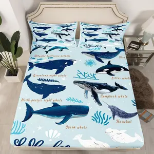 Whale Fitted Sheet,Coastal Animal Bedding Set,Beach Ocean Creatures Under The Sea Bed Sheets,Nautical Sea Life Whale Bed Set