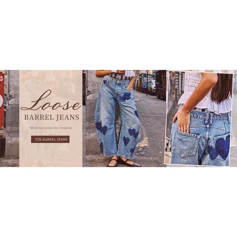 Barrel Jeans Women Wide Leg Baggy Distressed Printed Boyfriend Horseshoe Denim Pants