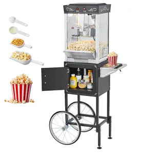 VEVOR Popcorn Machine with Cart, 8oz Stainless Steel Kettle, 800W Commercial Popcorn Maker, 48 Cups per Batch Theater Style Popper, with 2-Button Control Glass Wall PC Door 1 Scoop 3 Spoons, Black
