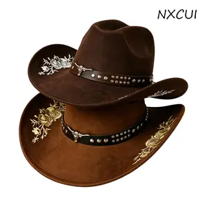 NXCUI Floral Embroidered Suede Cowboy Hat with Bullhead Band, Unisex Western Cowgirl Hat with Chin Strap