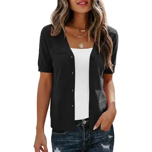 Short Sleeve Cardigans for Women Lightweight Summer Crochet Button Down Cardigan V Neck Knit Sweater