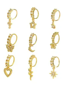 Women's Nose Ring Set, Artificial Crystal Copper Body Piercing Jewelry, Leaf Crown Sunflower Butterfly Heart Cross Earrings ()