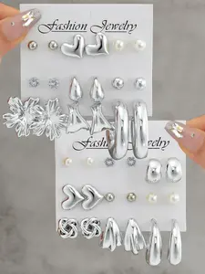 Elegant Faux Pearl Heart Twist Flower Earrings Set, High Quality Earrings, 18-36 Pcs Studs for Women, Daily Wear Jewelry Gift for Birthdays & Dates