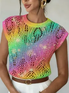 Women's Artistic Multicolor Gradient Print Round Neck Sweater, Casual Sleeveless Knit Top, Breathable Summer Fall Clothing, Hollow Out Design
