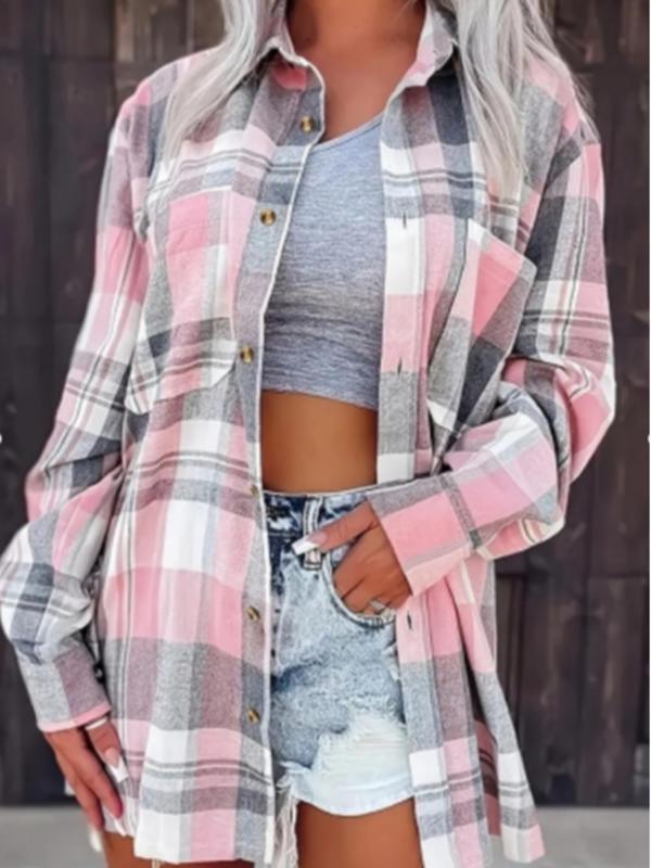 Color Block Plaid Collared Shirt Jacket, Wide Loose Casual Shirt for Everyday Wear, Versatile Layering Top for Women