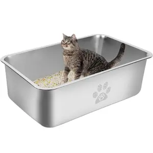 Ptlom Extra Large Stainless Steel Cat Litter Box with High Sides & Safe Round Edges Odor Proof Non Slip Easy to Clean for Small Medium Extra Large Cats