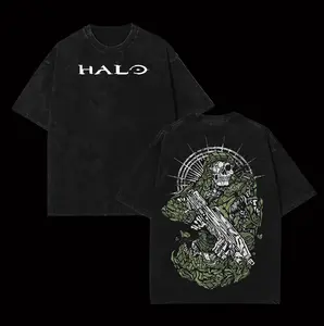 Halo-Inspired Acid Wash Oversized T-Shirt – Double-Sided Graphic, Lightweight Cotton Streetwear