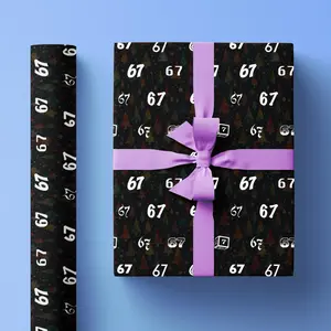 67 Meme Christmas Wrapping Paper Roll, Funny Gift Wrap for Holidays with Faded Christmas Tree Background and White 6-7 Lettering