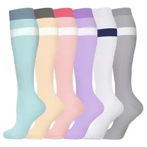 6 Pairs Fashion Cute Solid Striped Compression Socks, Leg Support Nylon Socks, All Day Comfort Ideal for Flight Attendants Sports and Festival Party Daily