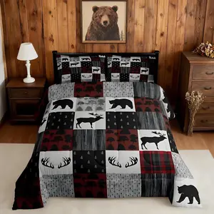 Moose Comforter Farmhouse Bear Deer Bedding Set for Boys Girls Women Men Buffalo Check Plaid Comforter Set Red Gray Bohemian Arrow Room Decor Quilt Set