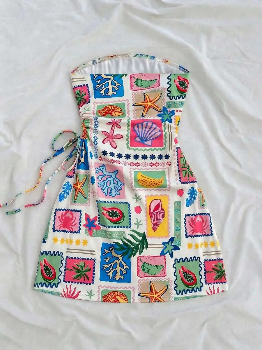 Plus Size Women Allover Print Ruched Twist Design White Summer Boho Vacation Holiday Tube Dress,Beach Outfits,Spring Graduation Dresses