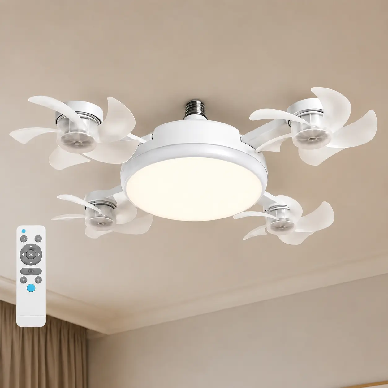 Ceiling Fan Light with Remote Control, 19.69 Inch Screw in LED Fan Light, E26/E27 Base Foldable Ceiling Fan with 4 Fan Heads, Quiet Airflow & Bright Lighting, Easy Installation for Bedroom, Living Room, Kitchen, Office, Dorm, Small Room Use