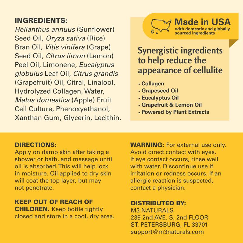 M3 Naturals Cellulite Massage Oil 8oz - Smooth the Appearance of Cellulite - Body Care & Skin Care Massage Oil - Topical Collagen and Plant Stem Cell Body Oil to Restore Texture and Elasticity - Soothing Body Oil