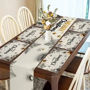 1 piece/4 piece/5 piece set/7 piece set, Christmas silver gold holiday pattern decorative table flag and matching placemat set, restaurant desktop decoration, suitable for holiday parties, indoor and outdoor family gatherings decoration, Table Runner
