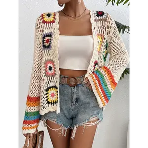Crochet Open Front Cardigan - Casual Long Sleeve Hollow Out Cardigan for Women - Floral Fabric Knitwear, Comfortable Knitted Design Short Tops Womenswear Knitting