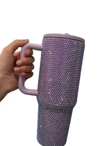 Purple  40oz Rhinestone Tumbler with Handle & Straw, Insulated Stainless Steel Travel Mug for Hot & Cold Drinks, Sparkle Reusable Water Bottle outdoorfun