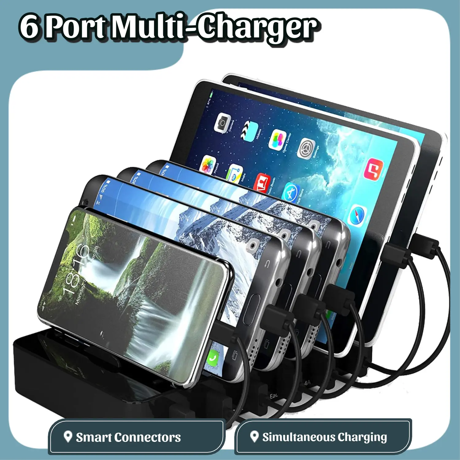 CHARGEKNIGHT 6-USB-Port Charger for Smartphone, Cellphone, Mobile & Electronic Devices - 10W Smart Secure Fast Charging Station with Type-C Plug, Integrated Chipset, Included Cables, Smart Connectors, Manufacturer Warranty