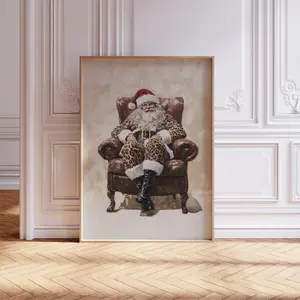 Christmas Wall Art With Leopard Santa Claus Print Xmas Poster. Retro Trendy Art Decor Poster, Unframed Poster