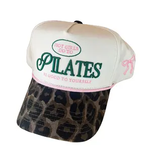 Hot Girls go to Pilates Leopard Vintage Hat with Bow Embroidery Cotton Adjustable Snapback Trucker Cap