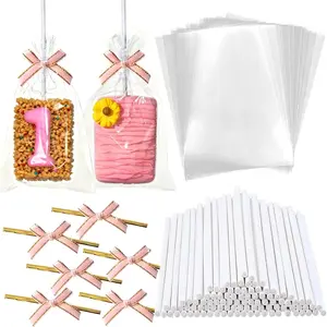100PCS 4x6in Clear Cellophane Rice Crispy Treat Bags with Sticks and Bow Ties, Individually Wrapped Bags for Cakesicles Lollipop Candy Cookies Packaging Pink