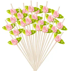 200PCS Rose Cocktail Picks Pink Flower Cocktail Picks 4.7 Inch Long Bamboo Fancy Toothpicks for Appetizers Decorative Mini Food Drink Fruit Skewers Sticks for Wedding Valentine Holiday Party Decoration