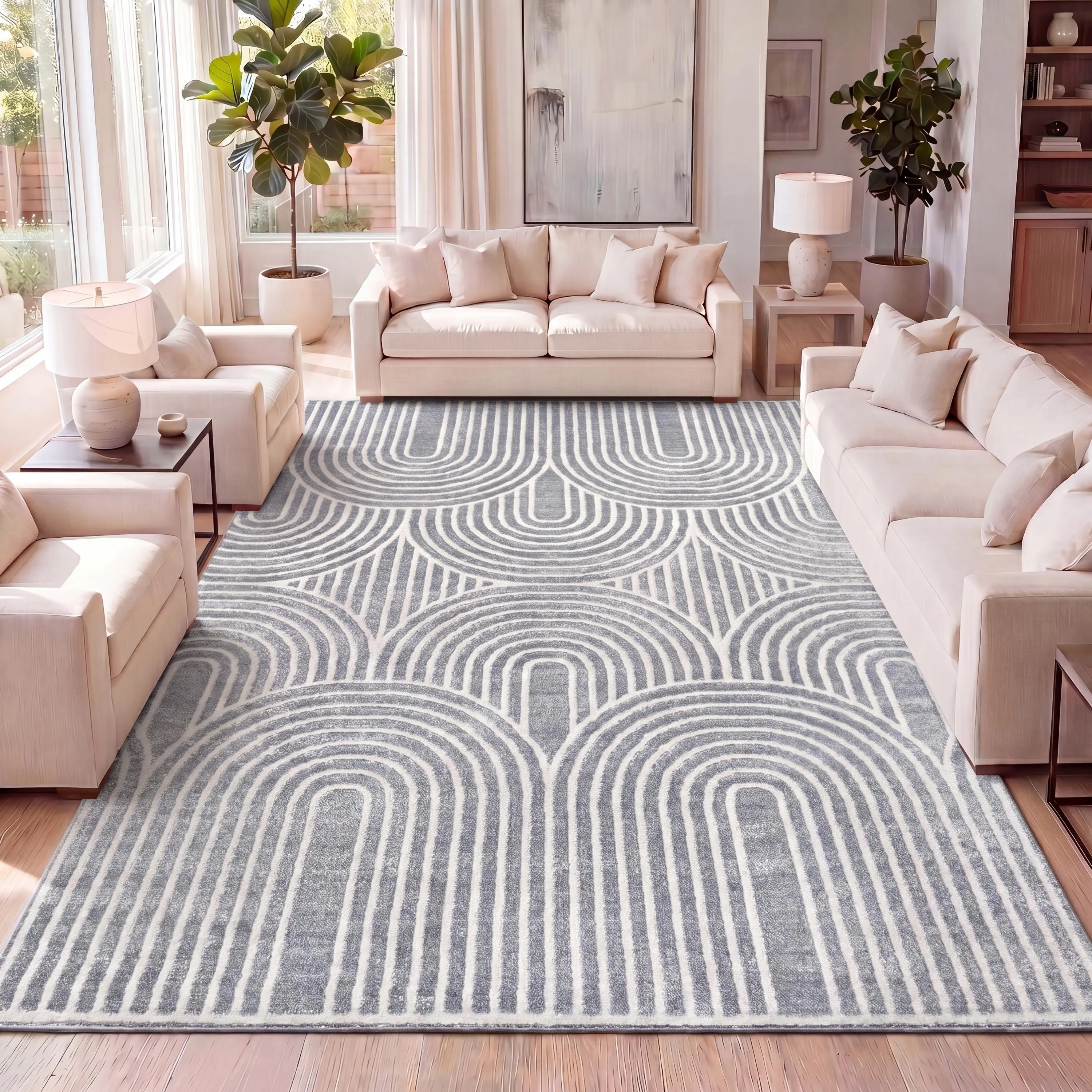 JONATHAN Y Ariana MidCentury Art Deco Striped Arches Two-Tone High-Low Indoor Area Rug; for Living Room, Kitchen, Bedroom, Dining Room, Office