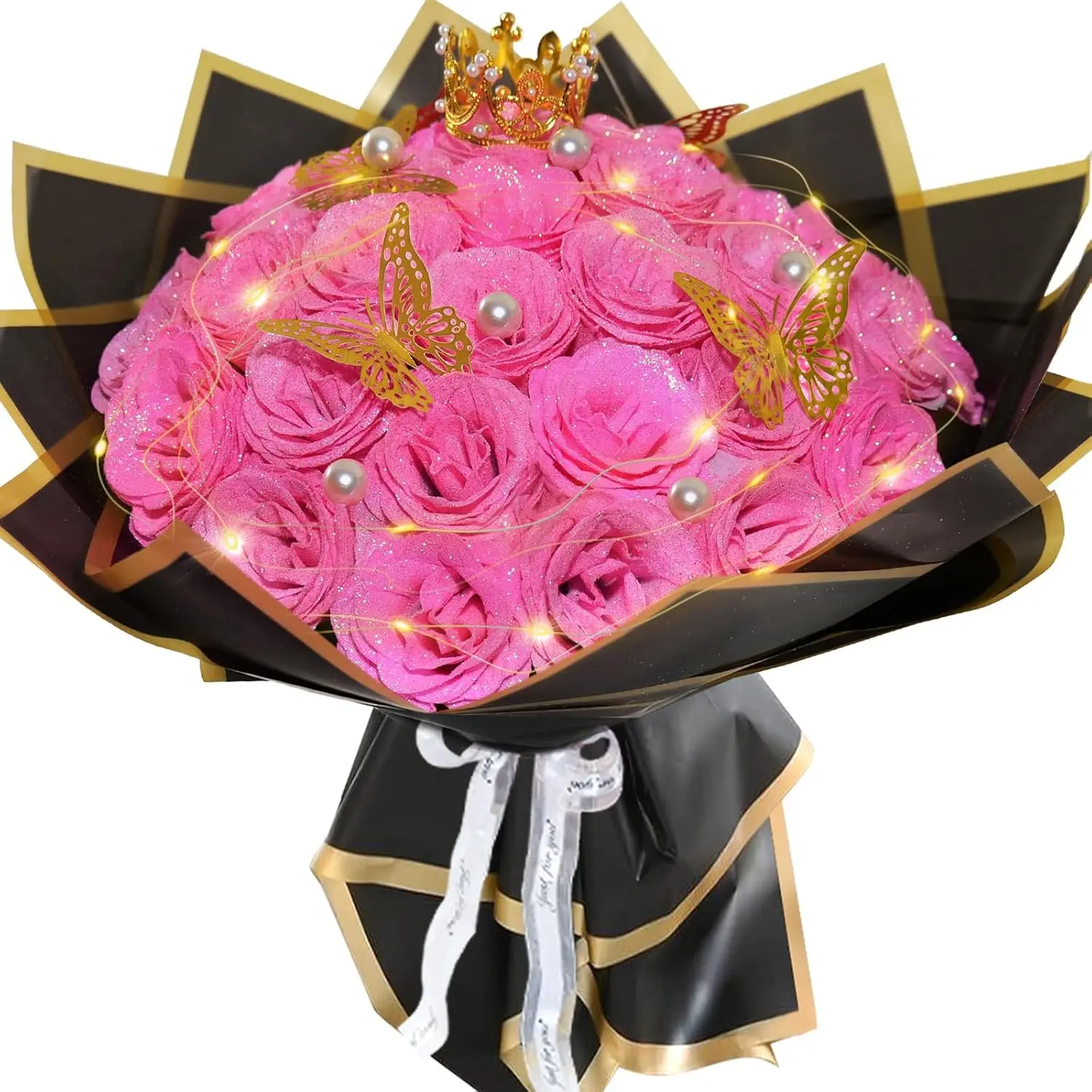 24-Piece Shiny Glitter Decorative Artificial Roses Bouquet, Everlasting DIY Flowers Set with Lights & Gift Boxes, Mother’s Day Gift for Wedding, Home Decor