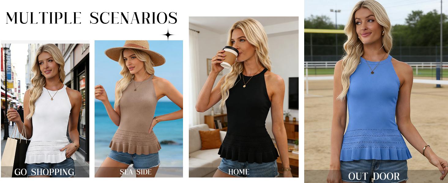 Womens Summer Crochet Crop Tank Tops Sleeveless Halter Neck Ruffle Hem Knit Sweater Vest