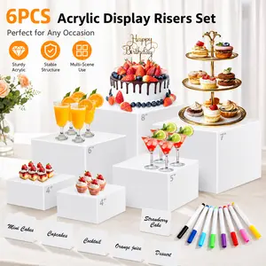 6 Pcs White Acrylic Buffet Risers – Nesting Cube Boxes with Hollow Bottoms, Includes Mini Signs & Marker – Food Display Stands for Party, Dessert, Jewelry (8",7",6",5",4",4")