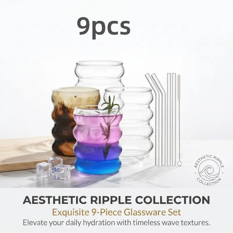 9-Piece Aesthetic Ripple Glassware Set, Wavy Textured Drinking Glasses with Glass Straws & Cleaning Brush, Stackable Wave Shape Glass Cups for Coffee, Juice, Cocktails & Daily Use, Heat-Resistant Borosilicate Glass Tumblers