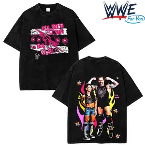 WFU - CM Punk & AJ Lee Washed Black T-Shirt WWE Wrestling Shirt Best Couple in the World Vintage Acid Wash Graphic Tee Oversized Unisex Cotton Size S-5XL fan