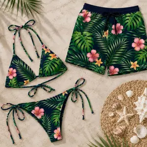 [HOT SUMMER] Tropical Matching Swimwear, Couples String Bikini Set, Hibiscus Floral Bathing Suit, Hawaiian Beachwear Swim Shorts Honeymoon