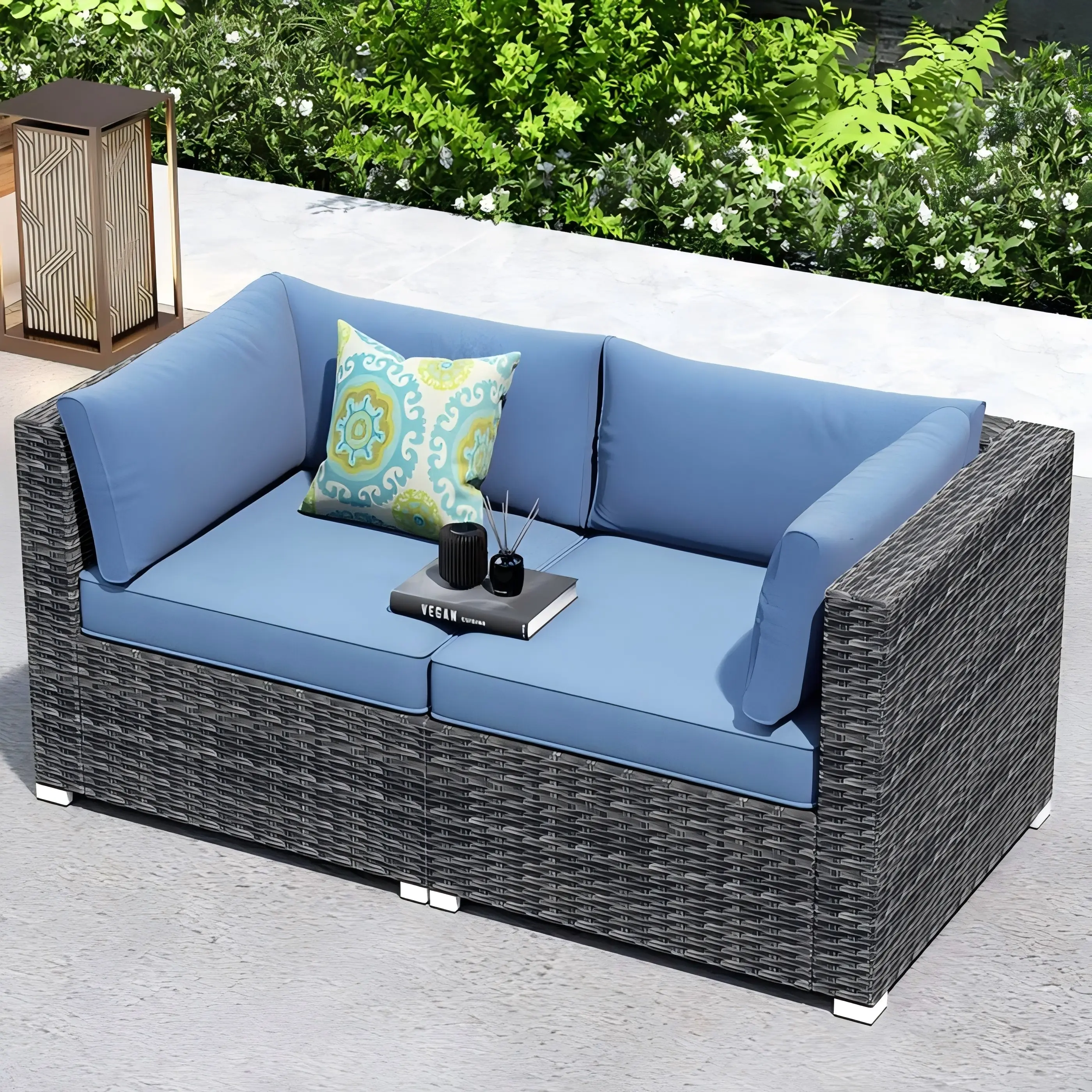 【Stock Up Deals】Ovios Patio Furniture Set 2-Piece Corner Sofa & Outdoor Wicker Couch with Cushions, Wide Armrest Sectional Conversation Set, All-Weather Rattan, Grey for Backyard Balcony Garden Porch Deck Patio