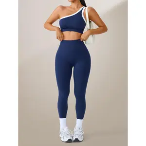 Women's 2-Piece 300G High Stretch Athletic Workout Set - Off-Shoulder Skinny Top, High-Waisted Long Pants, Color-Block Waistband-Free Multi-Size Training Outfit for Autumn, Daily Fitness