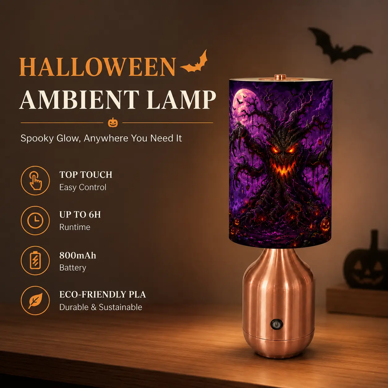 CXTVOVZSSY Halloween Spooky Evil Tree UV-Printed PLA Table Lamp, Rose Gold Metal Vase Base, Rechargeable Cordless Portable Night Light, Touch Control, 3-Color Stepless Dimming, Type-C Charging, for Villa Bedroom, Halloween Party