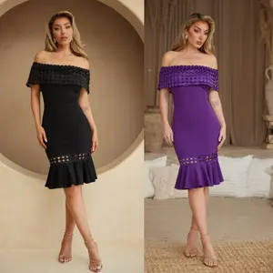 OVAL CIRCLE PATTERN OFF SHOULDER MIDI DRESS - RUFFLE FLARE BOTTOM END TRIM - CROCHET BAND FASHION DRESS - OFF SHOULDER - FLARE BOTTOM