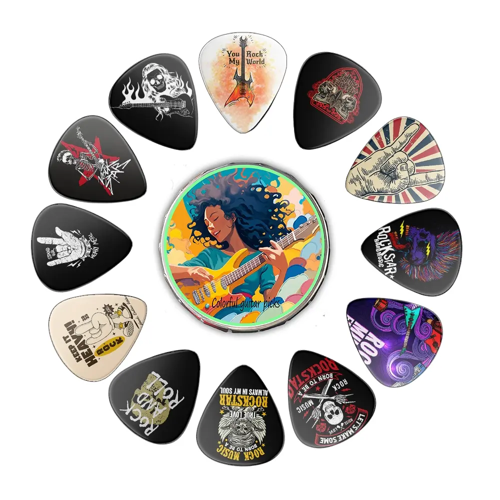 12-Piece Guitar Picks Set with Storage Box, 12 Unique Designs, PVC Material, Dual-Sided Printing, Strumming, Thickness, Music Lovers' Gift, Acoustic Guitar Accessories