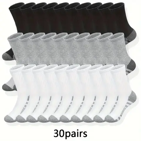 30 Pairs of Men's Long Comfort Socks - Breathable & Anti-Odor for Men Fall Winter Stockings Fall Sports Socks for Men Menswear Bestie Leg Warmers Tubesocks Fitted Plain