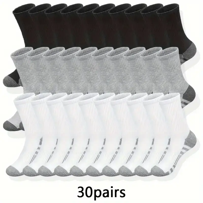 30 Pairs of Men's Long Comfort Socks - Breathable & Anti-Odor for Men Fall Winter Stockings Fall Sports Socks for Men Menswear Bestie Leg Warmers Tubesocks Fitted Plain