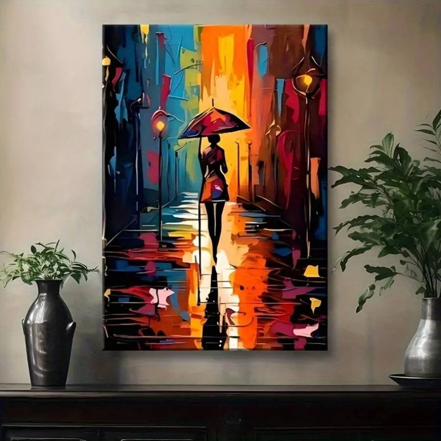 1 Pc Canvas Painting, African American Art, Walking In The Rain , Wooden Framed Art,High Quality ,Thickness 2. 25cm/1inch Wall Art Prints Poster Direct Hanging Decor For Home Gifts,Living Room, Bathroom, Bedroom, Kitchen,Bar,Office,Halloween,shadow
