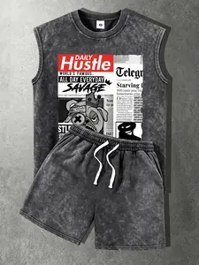 Men’s summer washed distressed cotton sports tank top and shorts set. Top features a simple, stylish newspaper print pattern. Casual loose beach shorts with pockets and a cinched waist. Mood-inspired 2000s style—ideal for running, golf, fishing, basketbal