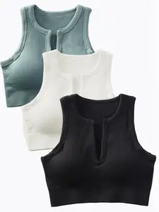 3-Pack V-Neck Women's Sport Tank Tops, Detachable Pads, Breathable Knit, Slim Fit, Plain Pattern, Athletic Tops, Sleeveless Sports Top, Ideal for Yoga & Daily Wear, Fitness Yoga Top