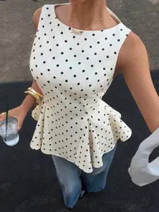 Women's Polka Dot Print Sleeveless Tank Top, Elegant Ruffled Hem Slim Fit, Trendy Versatile Design, Perfect for Daily Commute, Friends Gatherings, Shopping