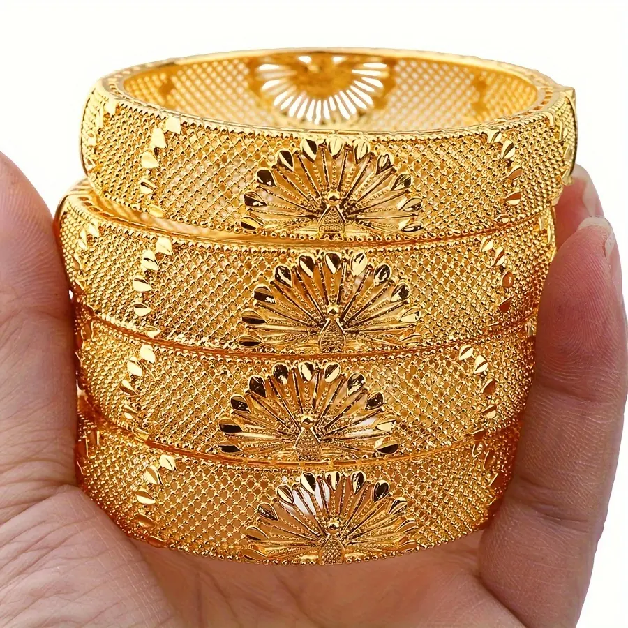 Women's Vintage Boho Luxe 4pcs 24K Gold Tone Plated Adjustable Alloy Open Stackable Bangle Set - Peacock Motif, Feather Charm, All Season Layered Costume Jewelry, Gold Jewelry Women for Daily Elegance & Ideal Special-Day Gift