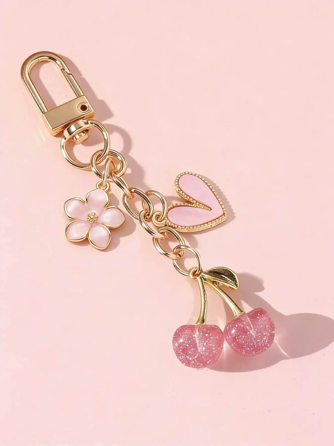 Cherry Flower Keychain for Women, Cute Glitter Cherry Charms, Heart Carabiner Key Ring, Aesthetic Bag Purse Charm, Mother's Day Gift, Best Gift, Cute Keychains, Key Accessories