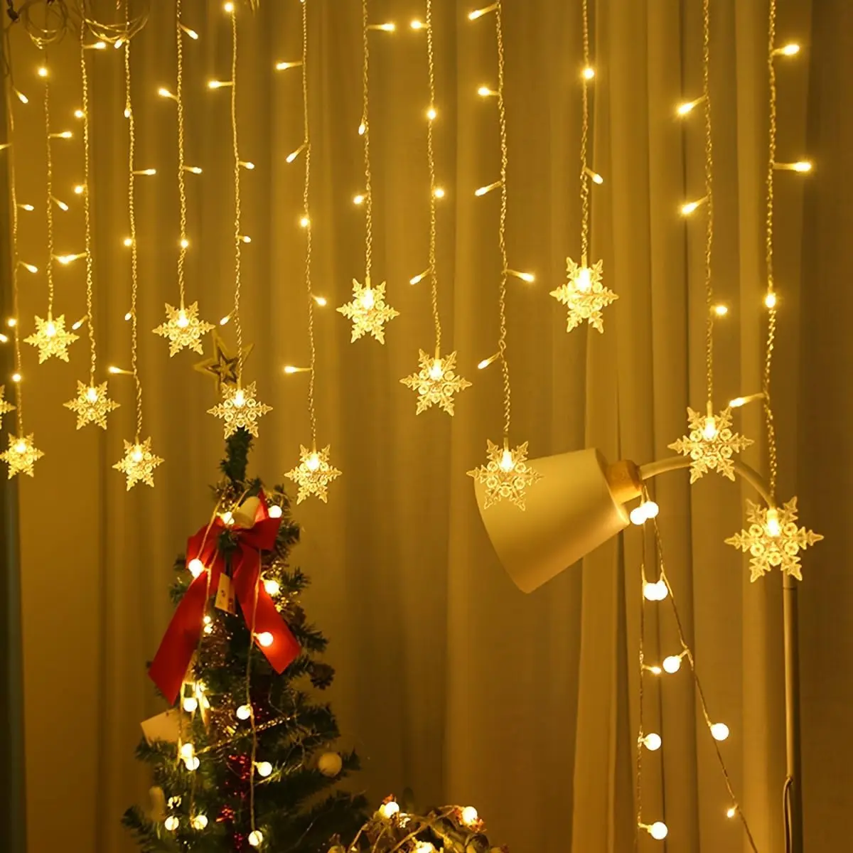 12ft/3.5M 96LED Snowflake Curtain Light USB Powered String Light LED Fairy Night Light, Perfect for Christmas Wedding Party Decoration Chandelier Luminarias - Warm White