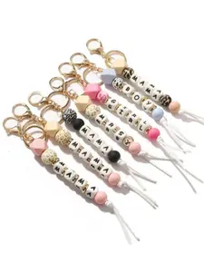 Boho Mother's Day Mama Silicone Bead Keychain, Wooden Beads Letter Tassel, Women's Bag Charm, Gift for Christmas